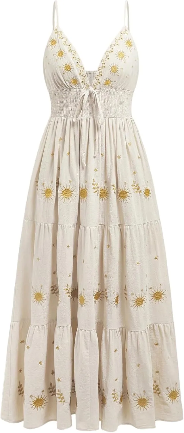 Verdusa Women's Boho Embroidery Cami Dress Sleeveless Tie Knot Ruffle Long Dresses