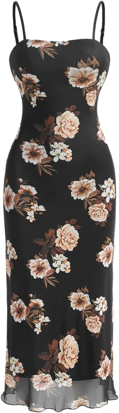 Verdusa Women's Floral Print Spaghetti Strap Dress Vacation Backless Long Cami Dresses