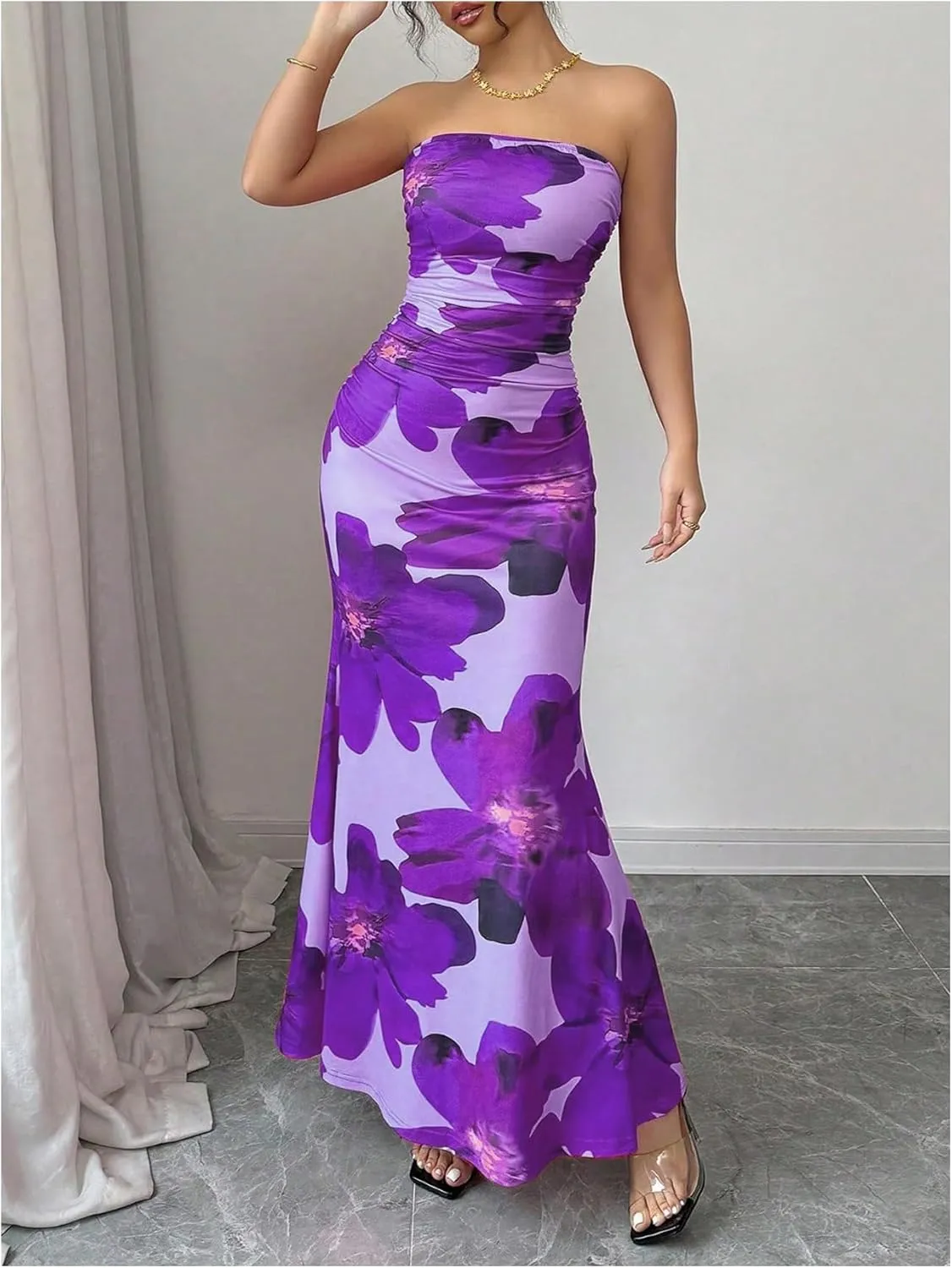 Verdusa Women's Floral Ruched Strapless Maxi Dress Boho Holiday Fishtail Bodycon Dresses