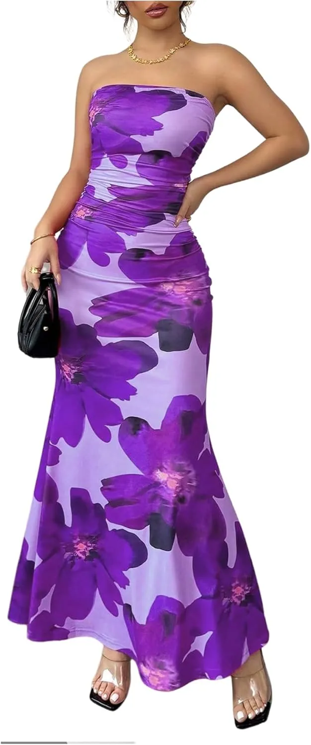 Verdusa Women's Floral Ruched Strapless Maxi Dress Boho Holiday Fishtail Bodycon Dresses