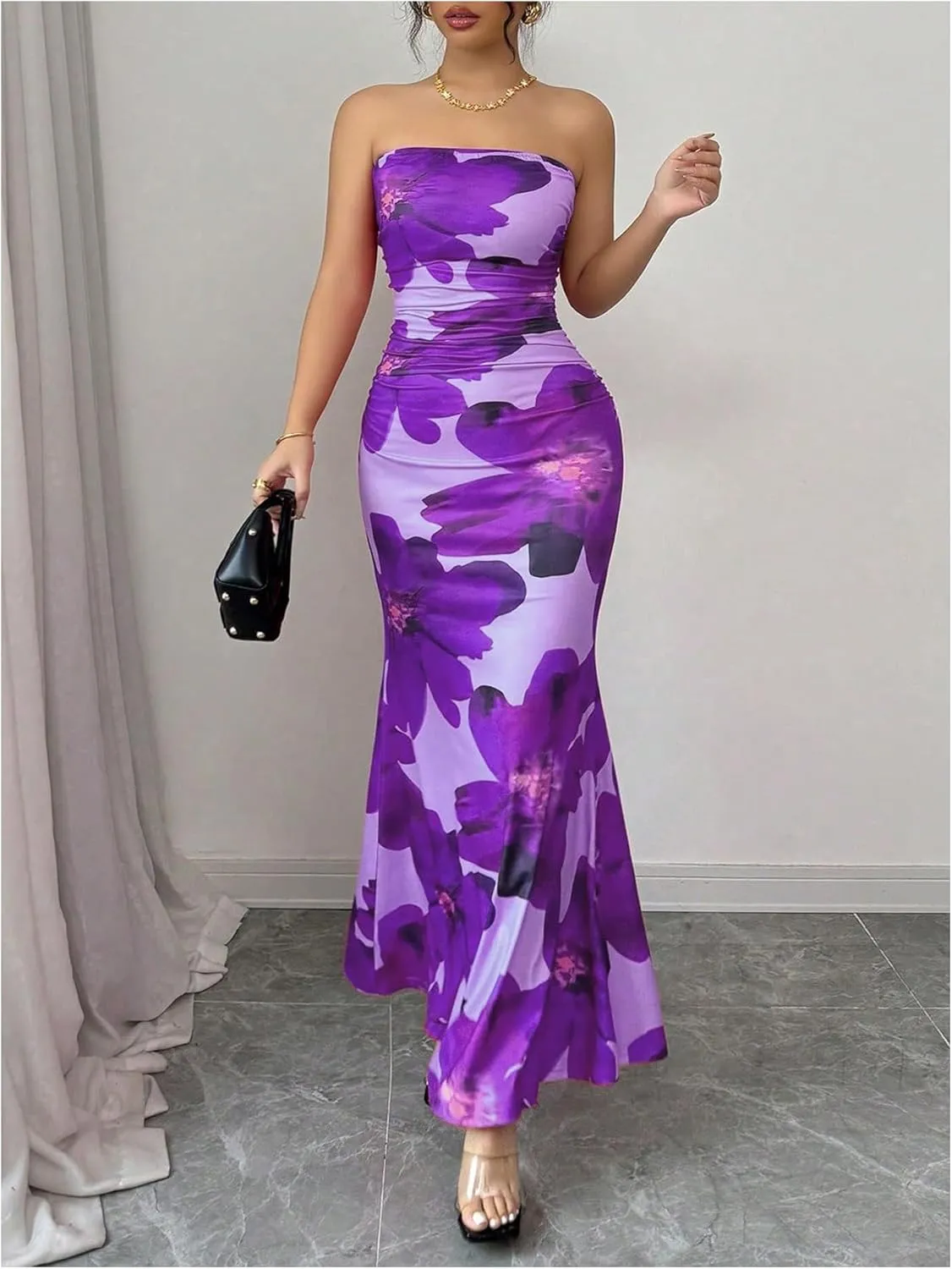 Verdusa Women's Floral Ruched Strapless Maxi Dress Boho Holiday Fishtail Bodycon Dresses