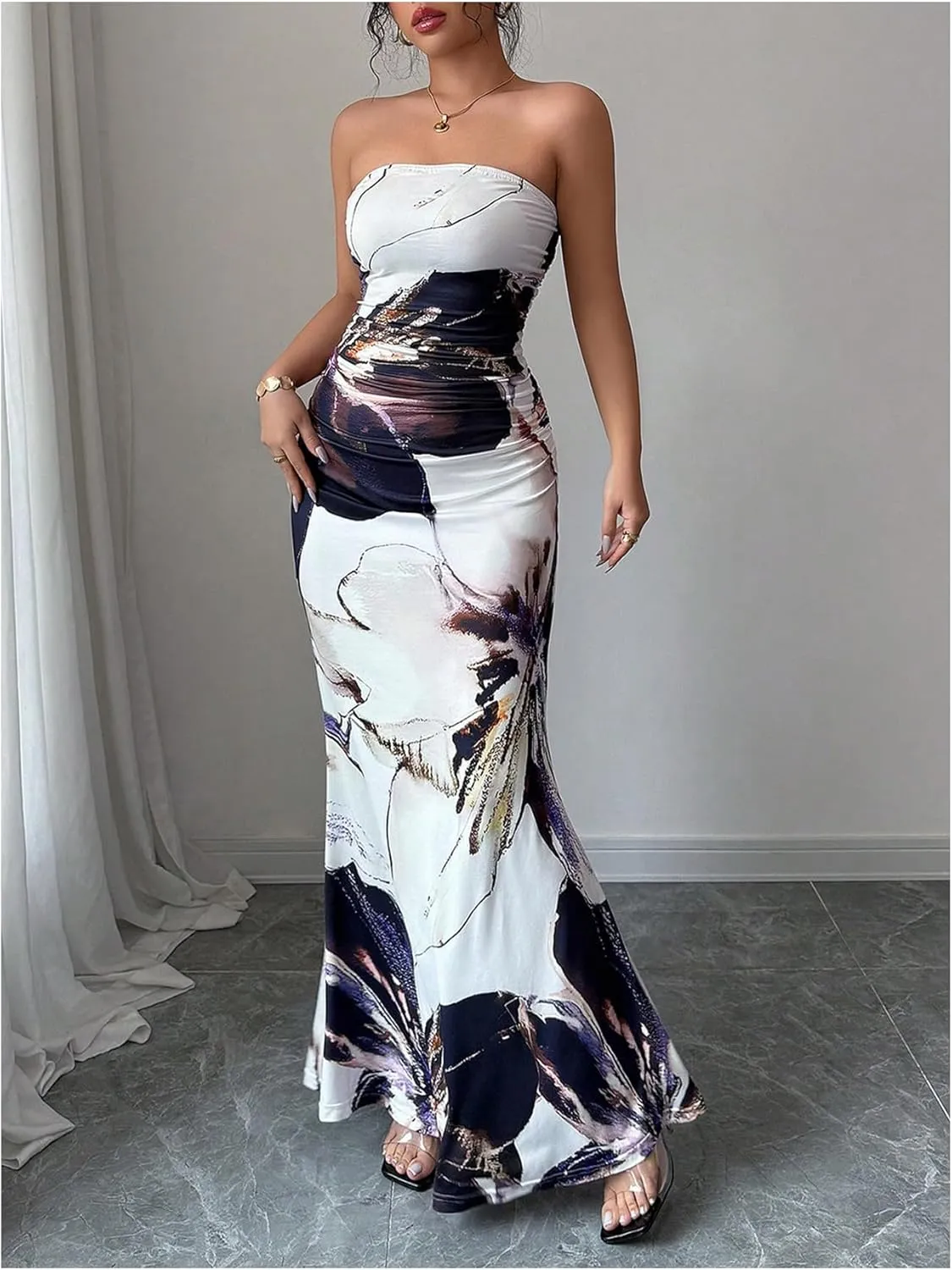 Verdusa Women's Floral Ruched Strapless Maxi Dress Boho Holiday Fishtail Bodycon Dresses