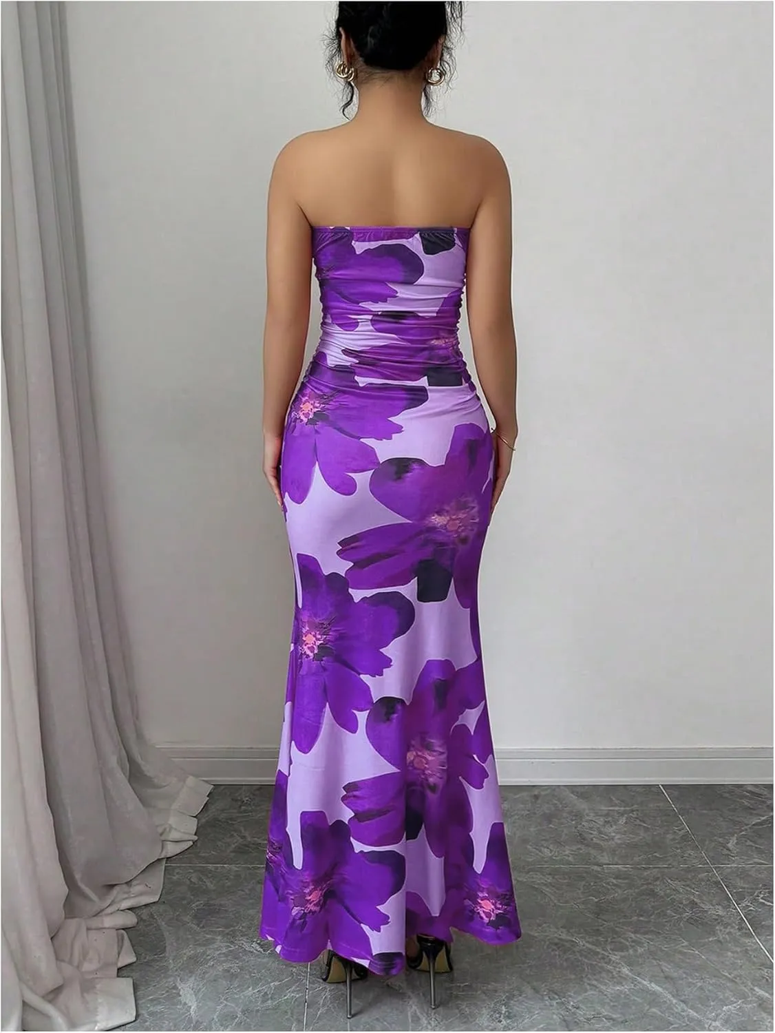 Verdusa Women's Floral Ruched Strapless Maxi Dress Boho Holiday Fishtail Bodycon Dresses
