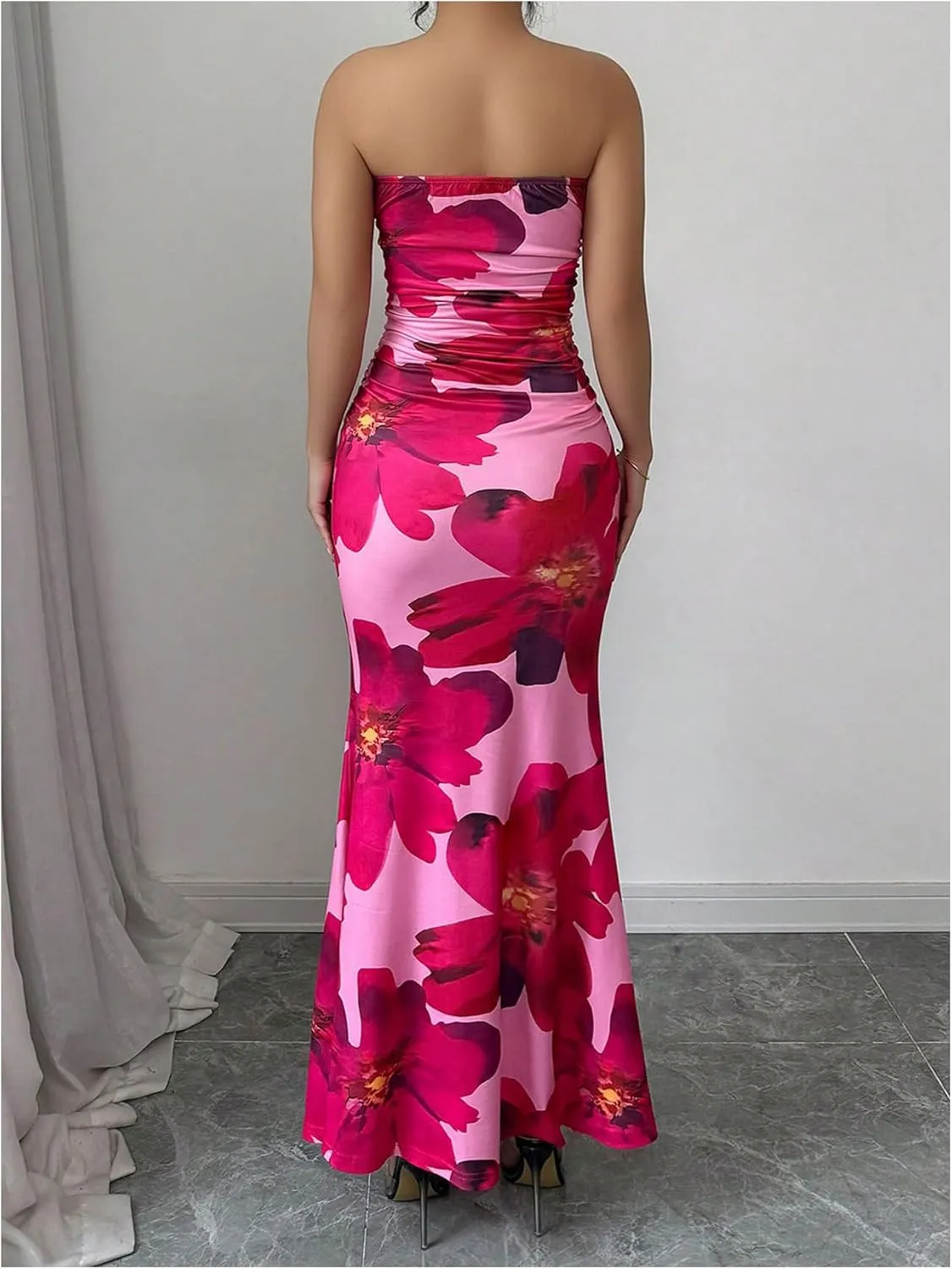 Verdusa Women's Floral Ruched Strapless Maxi Dress Boho Holiday Fishtail Bodycon Dresses