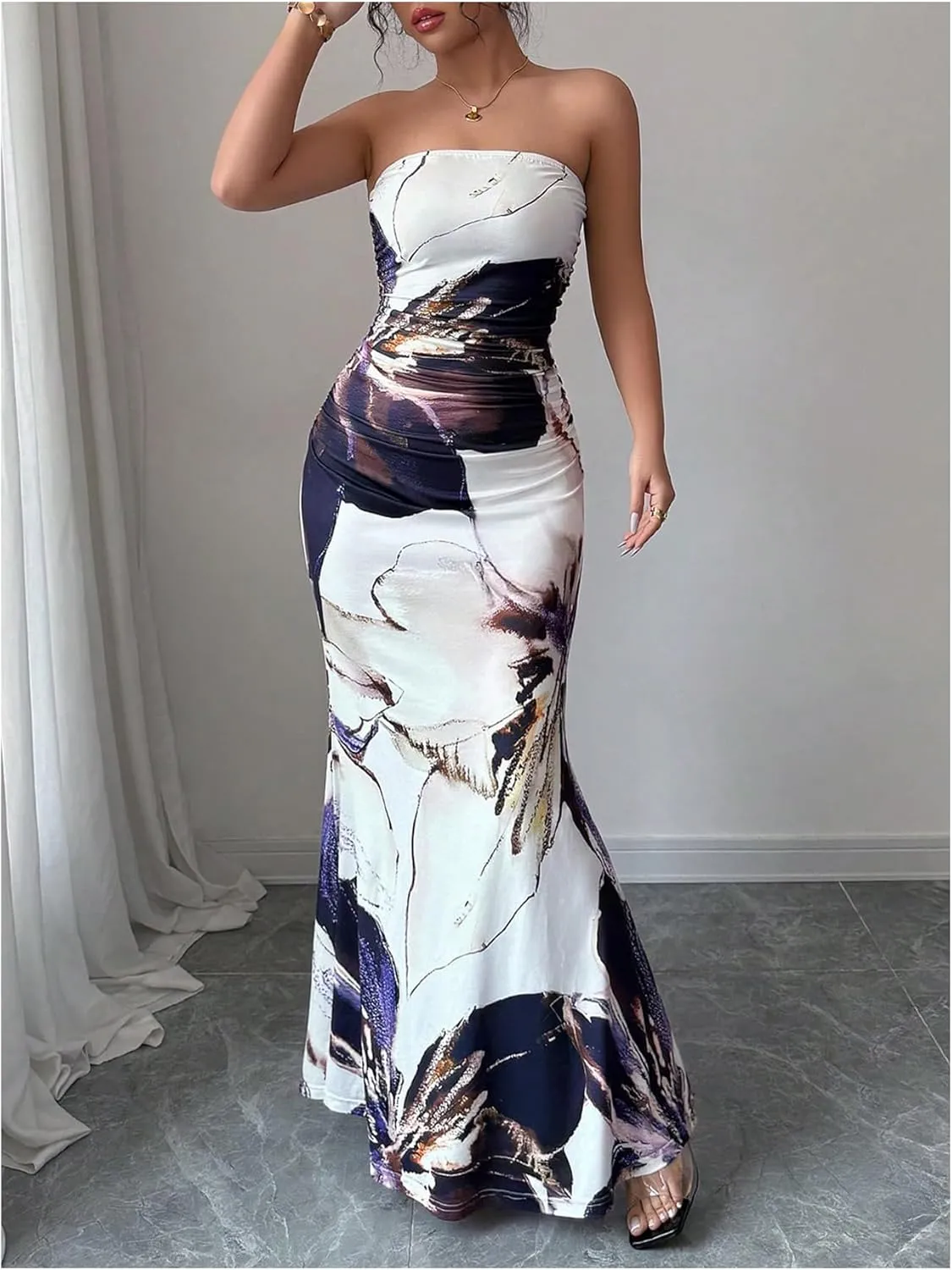 Verdusa Women's Floral Ruched Strapless Maxi Dress Boho Holiday Fishtail Bodycon Dresses