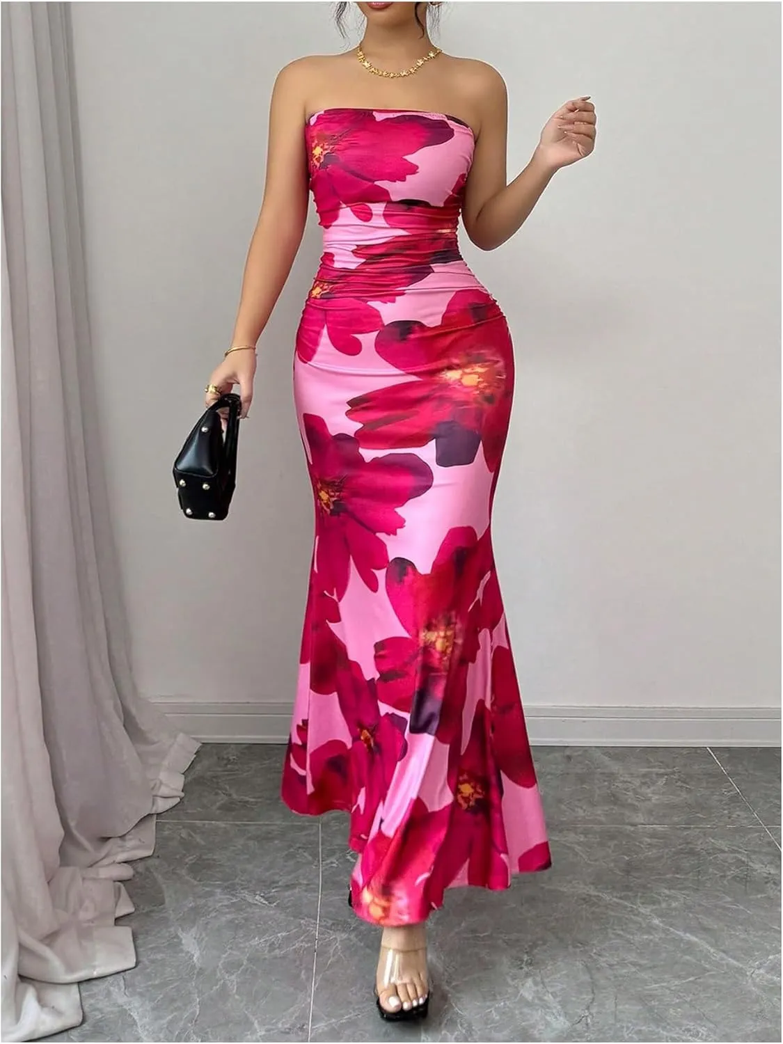 Verdusa Women's Floral Ruched Strapless Maxi Dress Boho Holiday Fishtail Bodycon Dresses