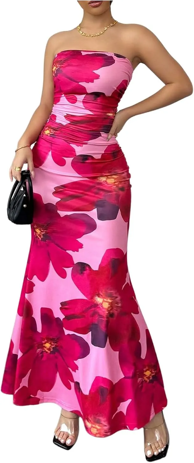 Verdusa Women's Floral Ruched Strapless Maxi Dress Boho Holiday Fishtail Bodycon Dresses