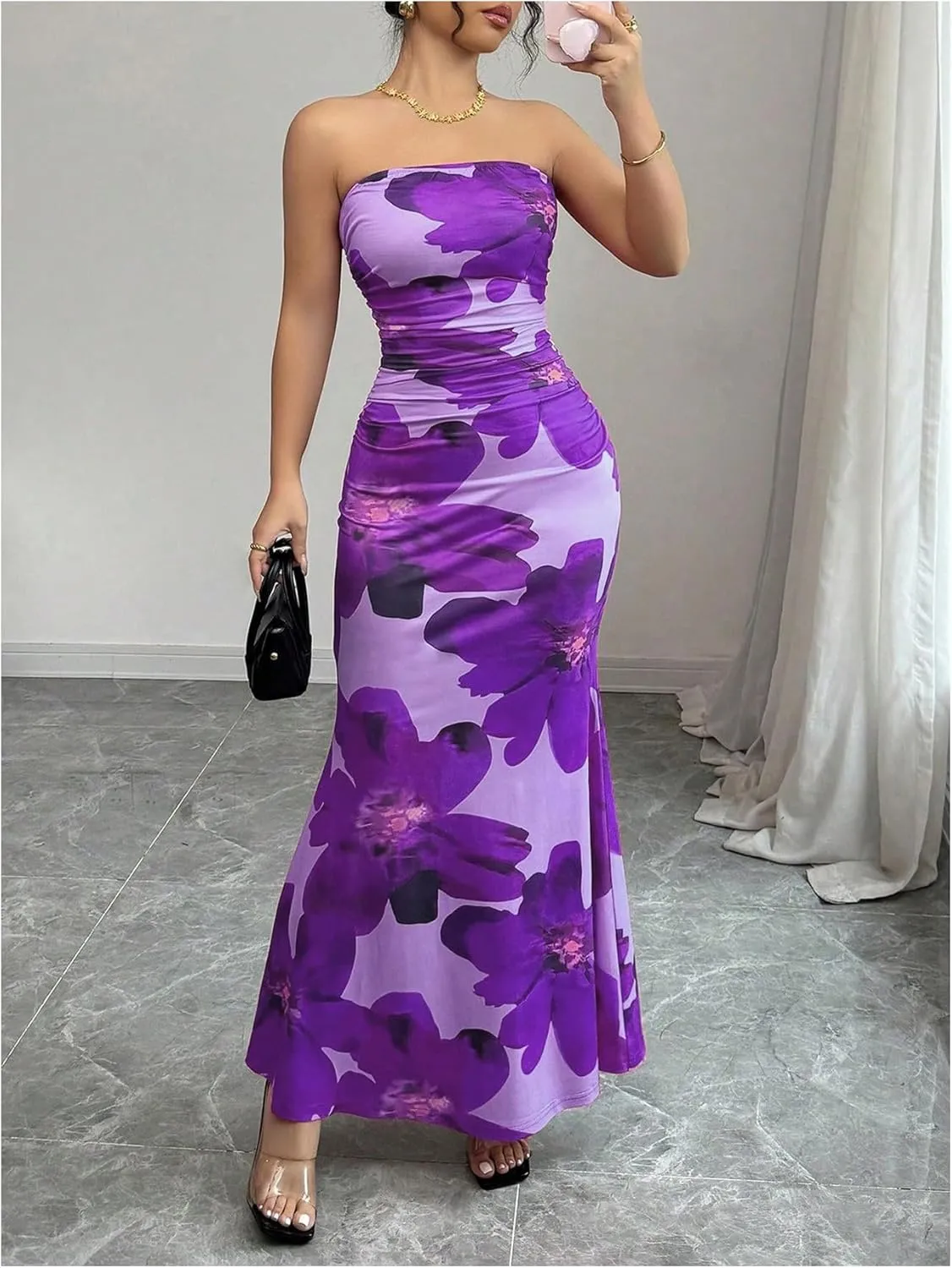 Verdusa Women's Floral Ruched Strapless Maxi Dress Boho Holiday Fishtail Bodycon Dresses