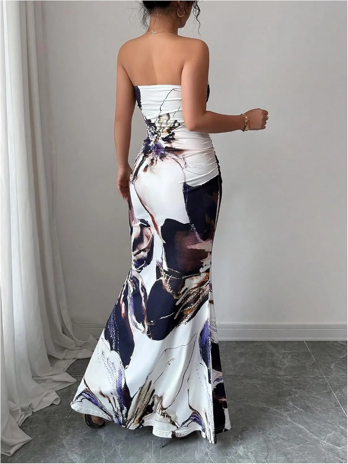 Verdusa Women's Floral Ruched Strapless Maxi Dress Boho Holiday Fishtail Bodycon Dresses