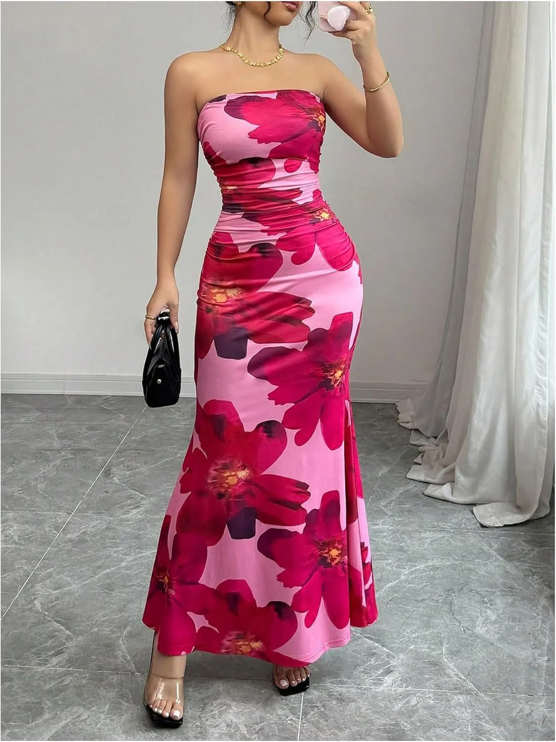 Verdusa Women's Floral Ruched Strapless Maxi Dress Boho Holiday Fishtail Bodycon Dresses