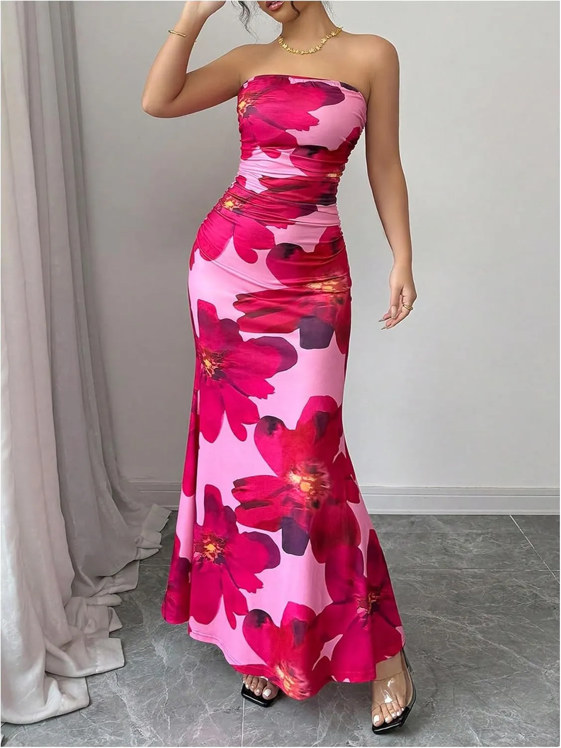 Verdusa Women's Floral Ruched Strapless Maxi Dress Boho Holiday Fishtail Bodycon Dresses