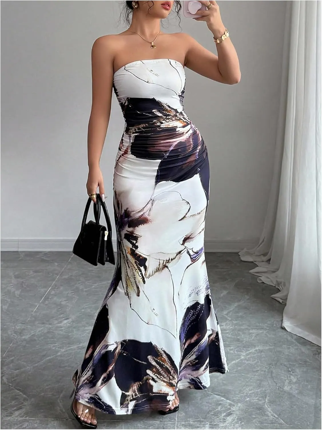 Verdusa Women's Floral Ruched Strapless Maxi Dress Boho Holiday Fishtail Bodycon Dresses