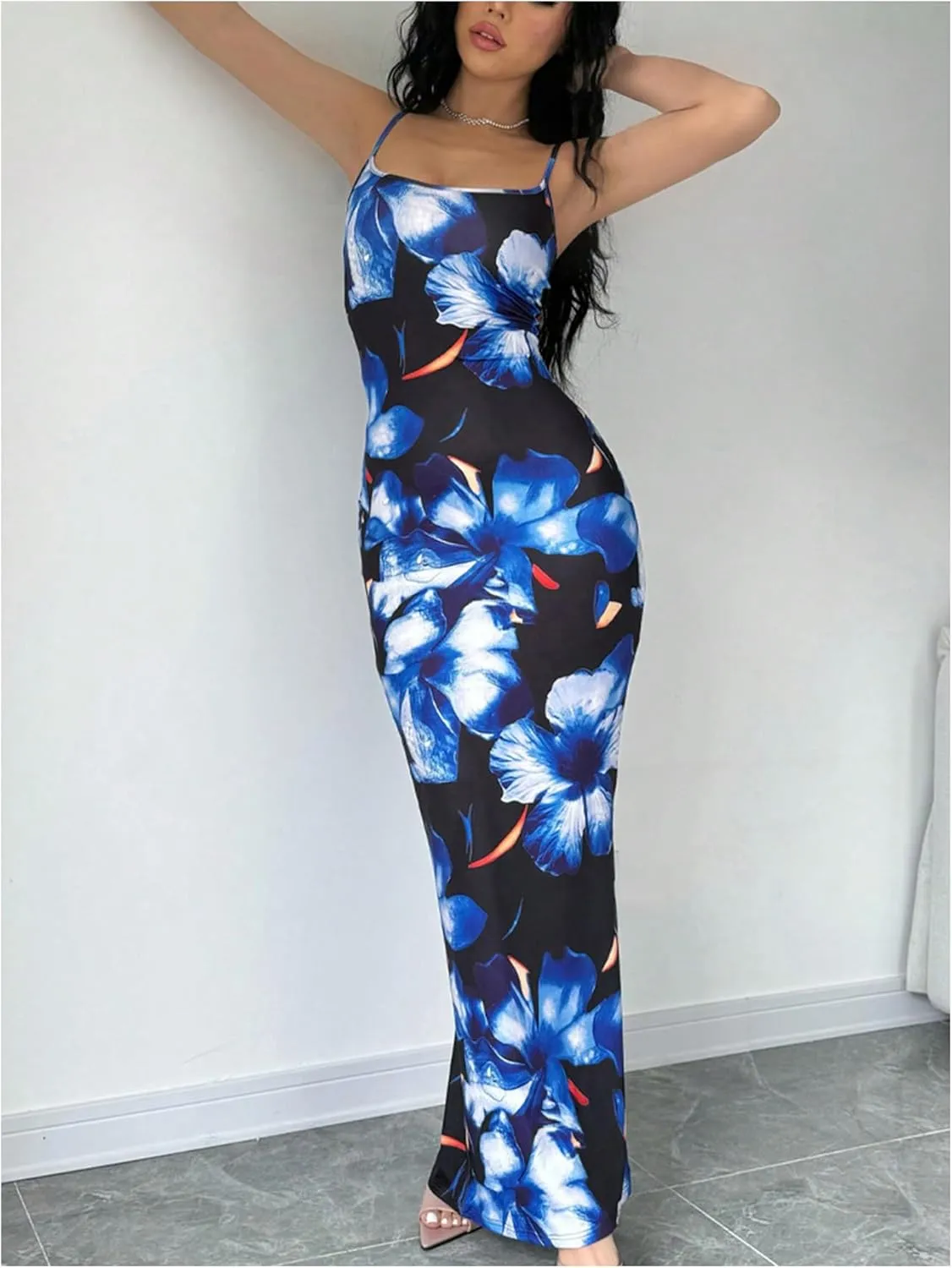 Verdusa Women's Holiday Floral Print Bodycon Maxi Dress Backless Summer Cami Dress