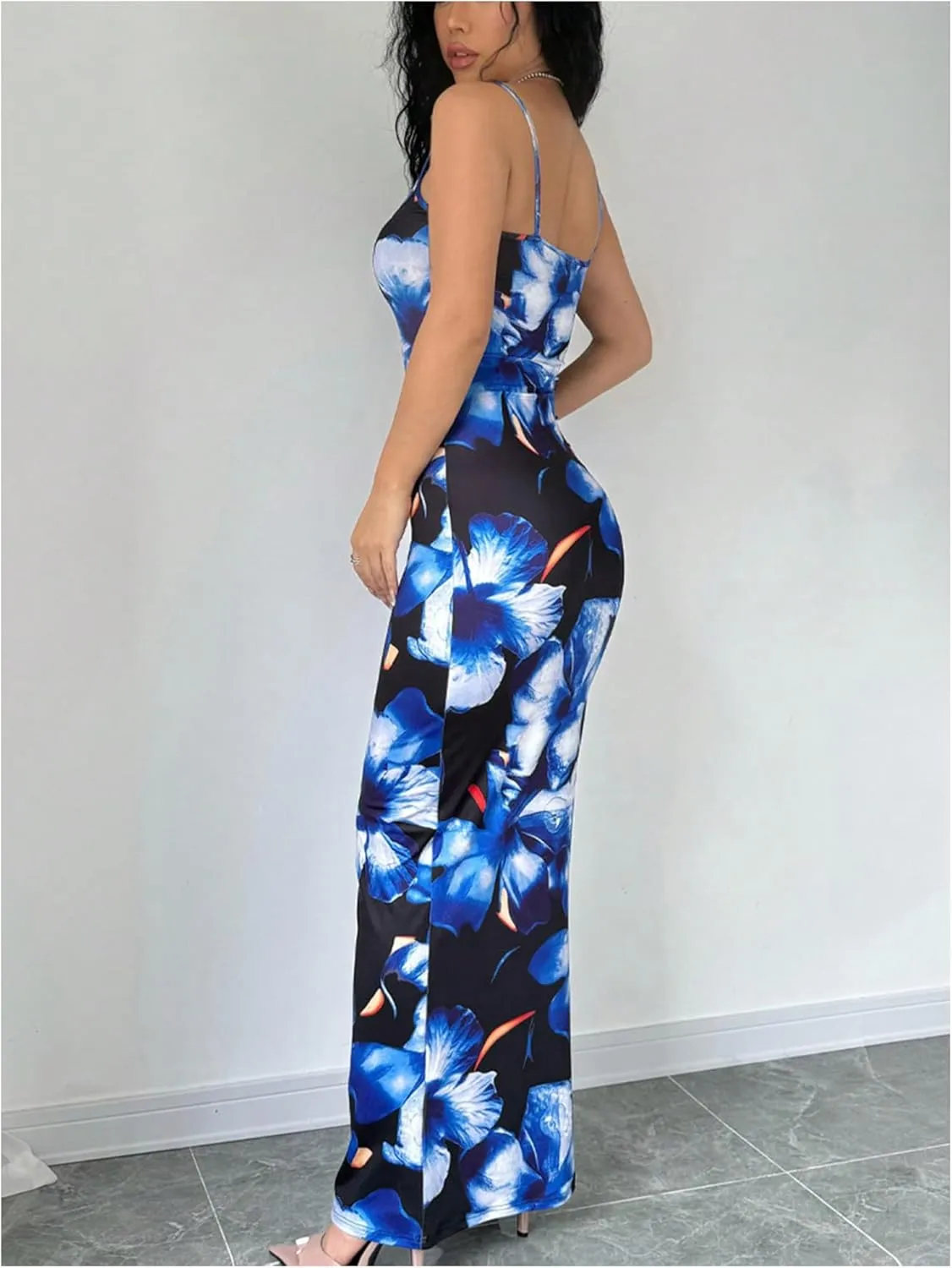Verdusa Women's Holiday Floral Print Bodycon Maxi Dress Backless Summer Cami Dress