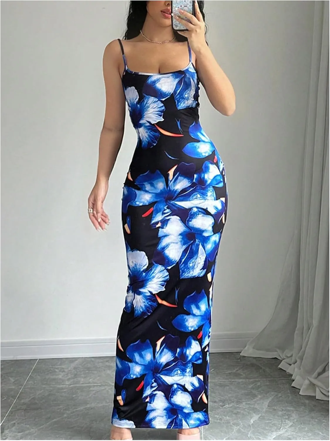 Verdusa Women's Holiday Floral Print Bodycon Maxi Dress Backless Summer Cami Dress