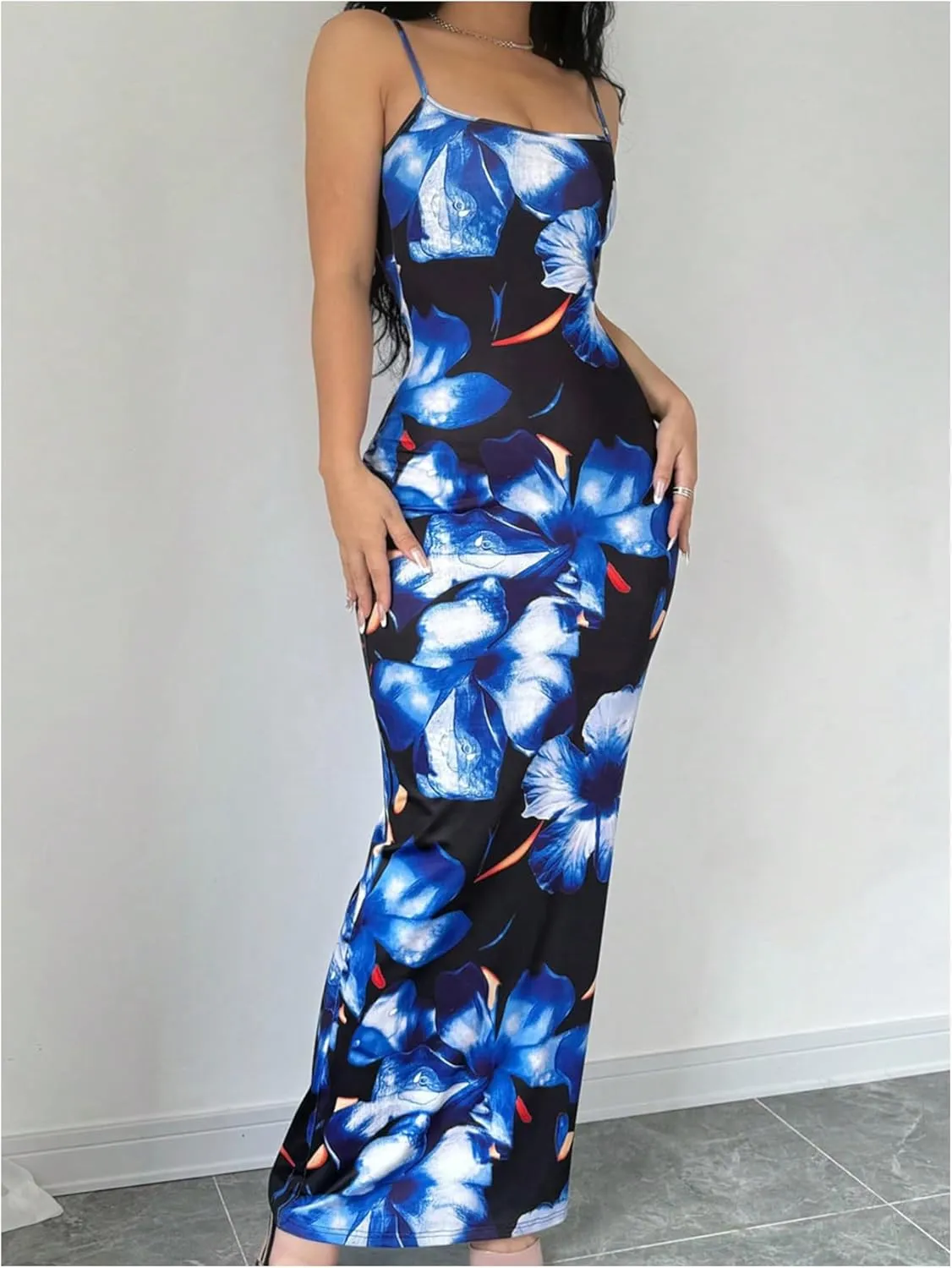 Verdusa Women's Holiday Floral Print Bodycon Maxi Dress Backless Summer Cami Dress