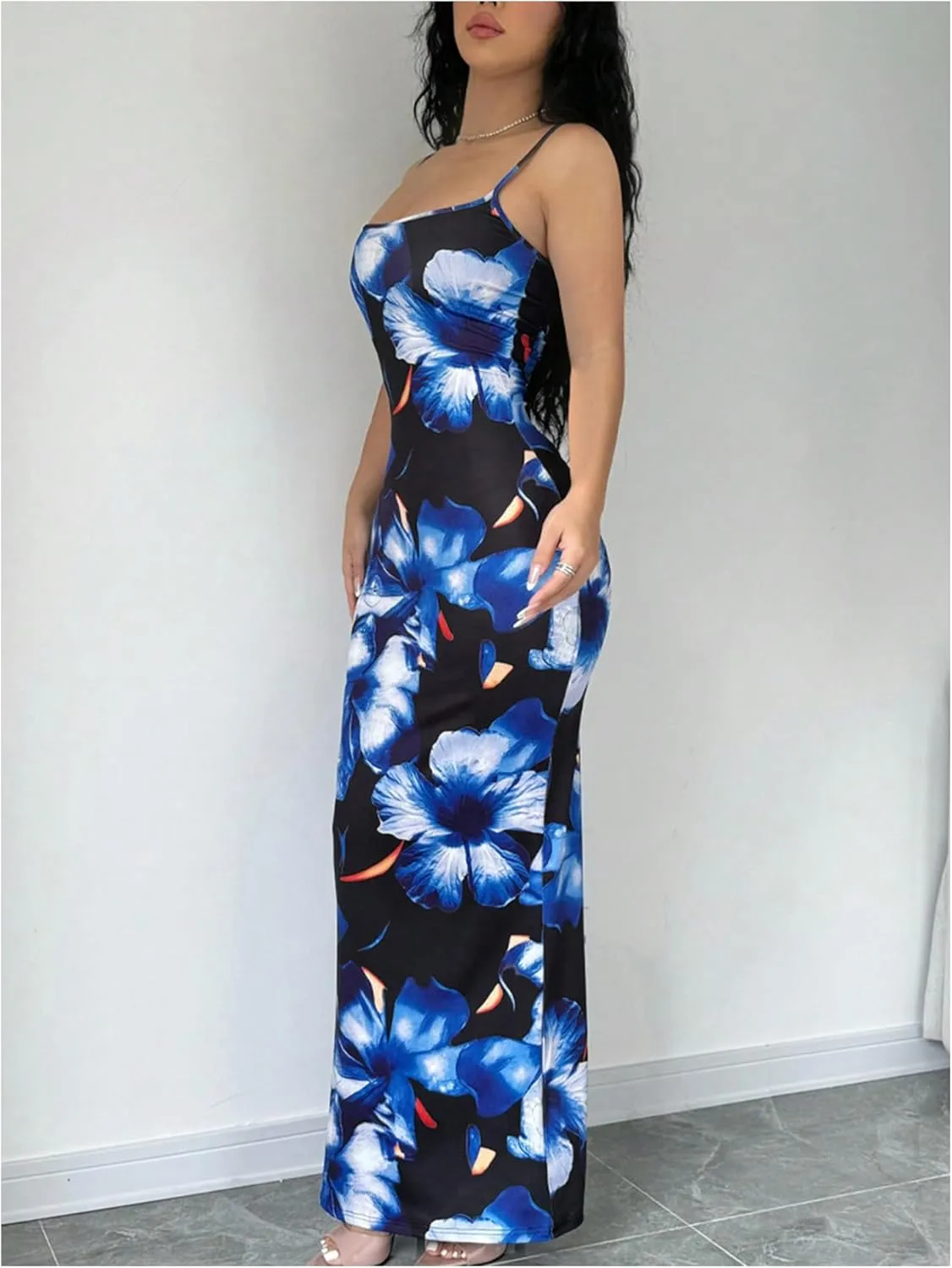 Verdusa Women's Holiday Floral Print Bodycon Maxi Dress Backless Summer Cami Dress