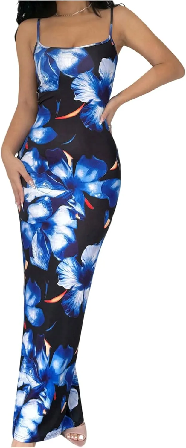 Verdusa Women's Holiday Floral Print Bodycon Maxi Dress Backless Summer Cami Dress