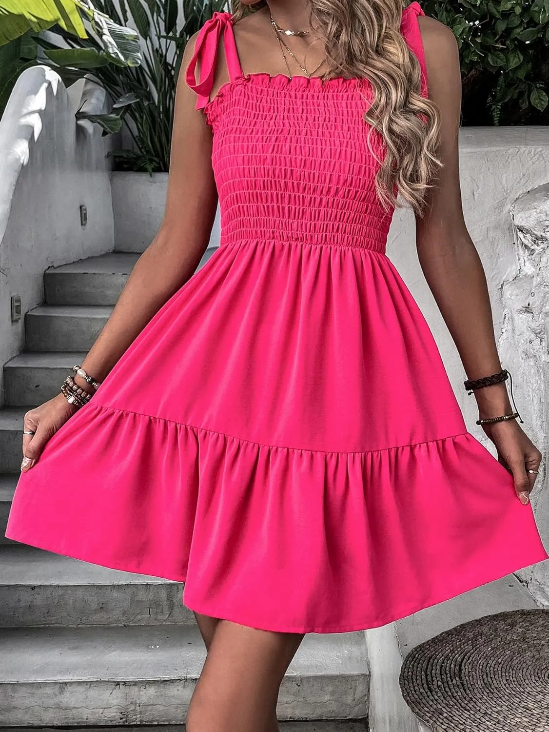 Verdusa Women's Tie Shoulder Sleeveless Shirred Ruffle Hem A Line Cami Dress