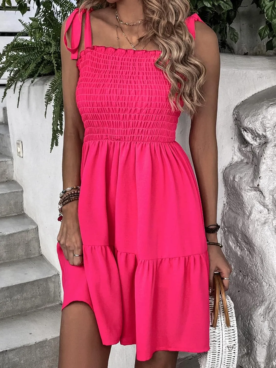 Verdusa Women's Tie Shoulder Sleeveless Shirred Ruffle Hem A Line Cami Dress