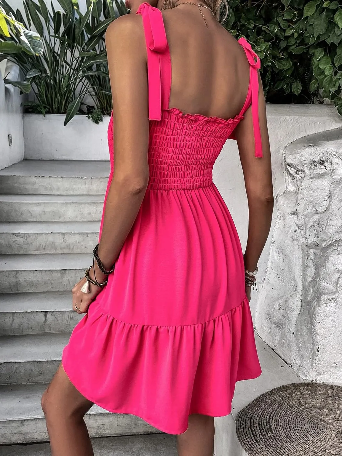 Verdusa Women's Tie Shoulder Sleeveless Shirred Ruffle Hem A Line Cami Dress