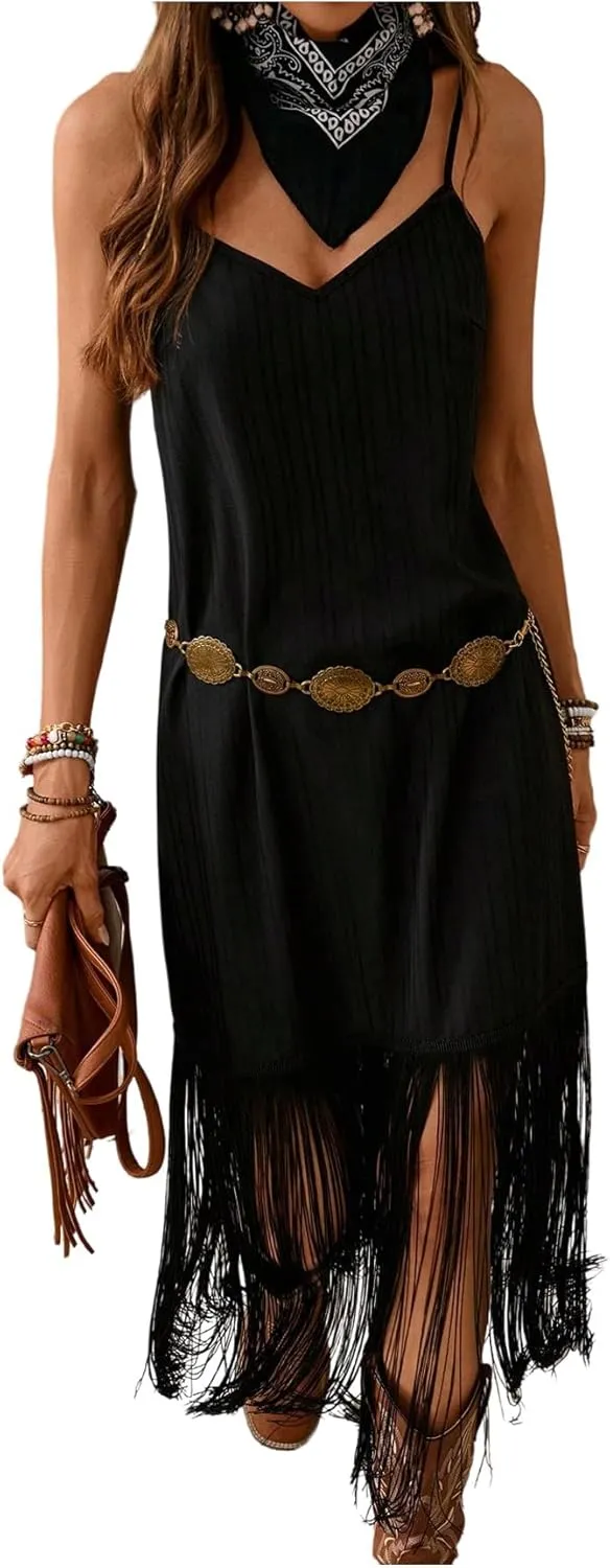 Verdusa Women's Western Fringe Dress Vintage Deep V Neck Maxi Cowgirl Dresses