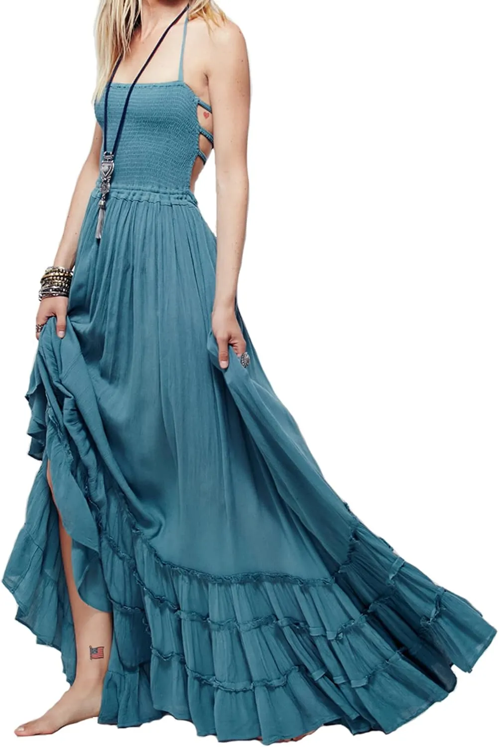 VERGOODR Women's Cotton Sexy Sleeveless Boho Beach Backless Long Bohemian Dress
