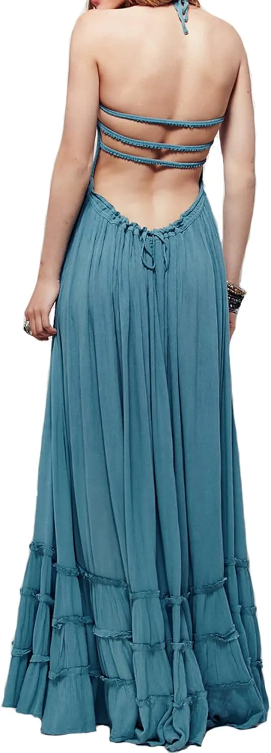 VERGOODR Women's Cotton Sexy Sleeveless Boho Beach Backless Long Bohemian Dress