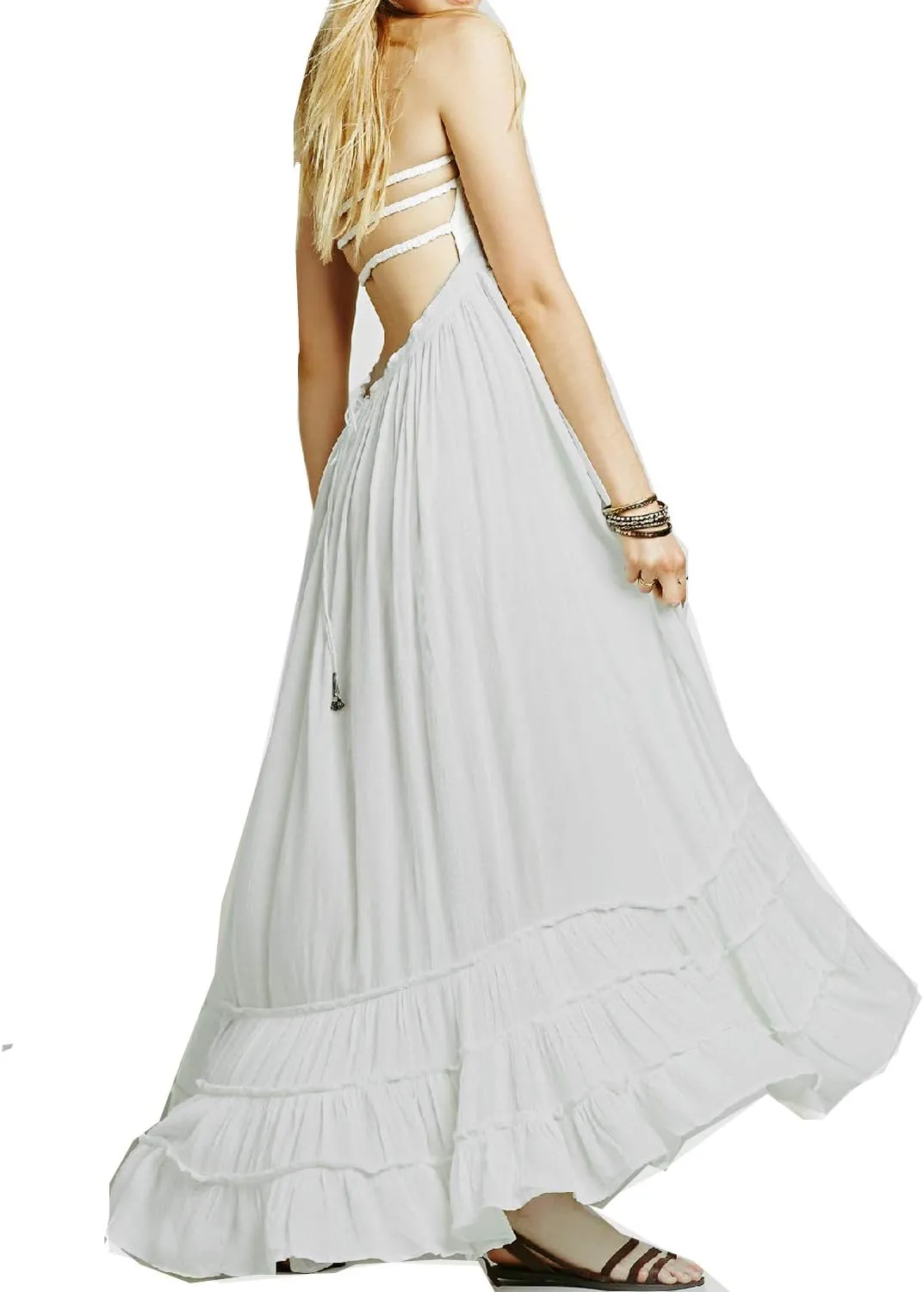 VERGOODR Women's Cotton Sexy Sleeveless Boho Beach Backless Long Bohemian Dress