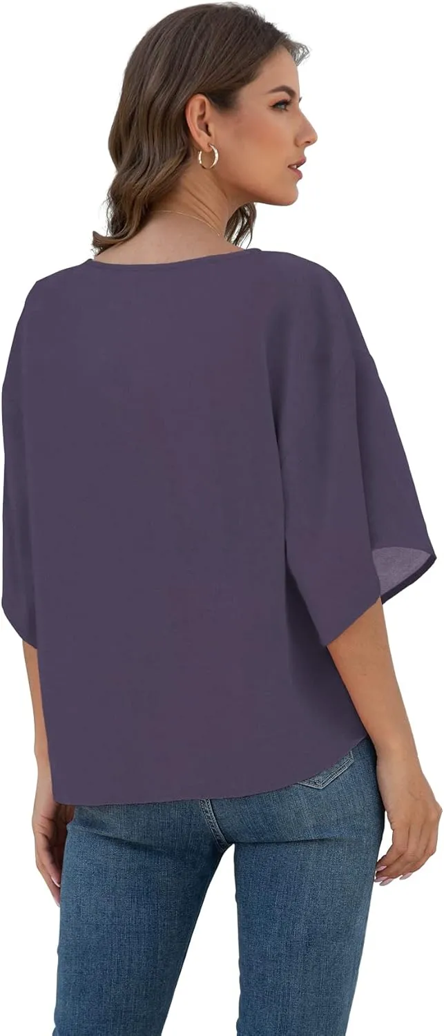 VIISHOW Womens Tie Front Chiffon Blouses V Neck Batwing Short Sleeve Summer Tops Shirts