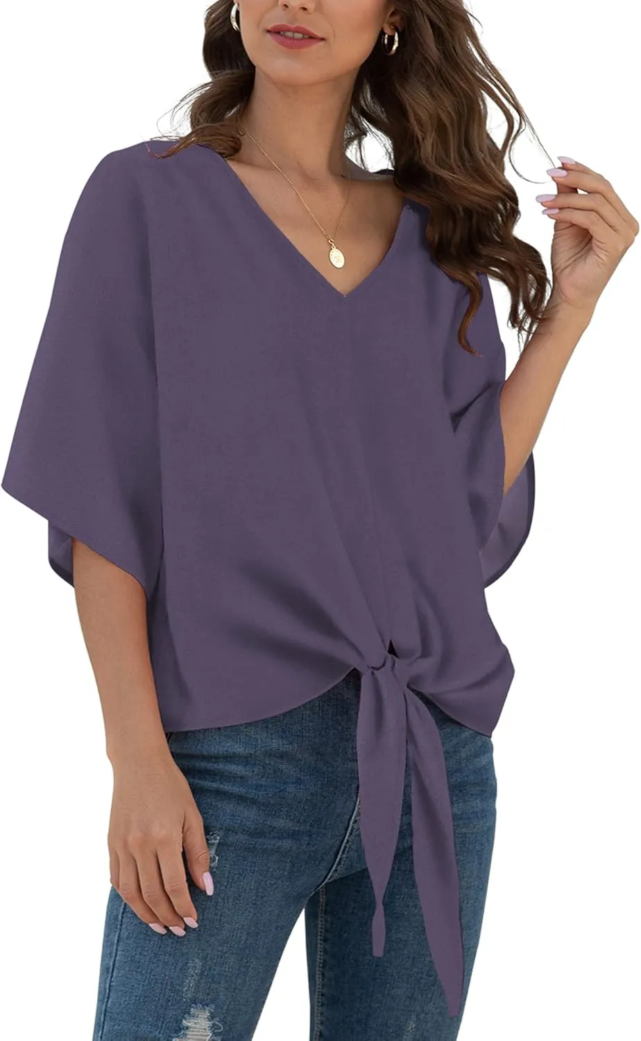 VIISHOW Womens Tie Front Chiffon Blouses V Neck Batwing Short Sleeve Summer Tops Shirts