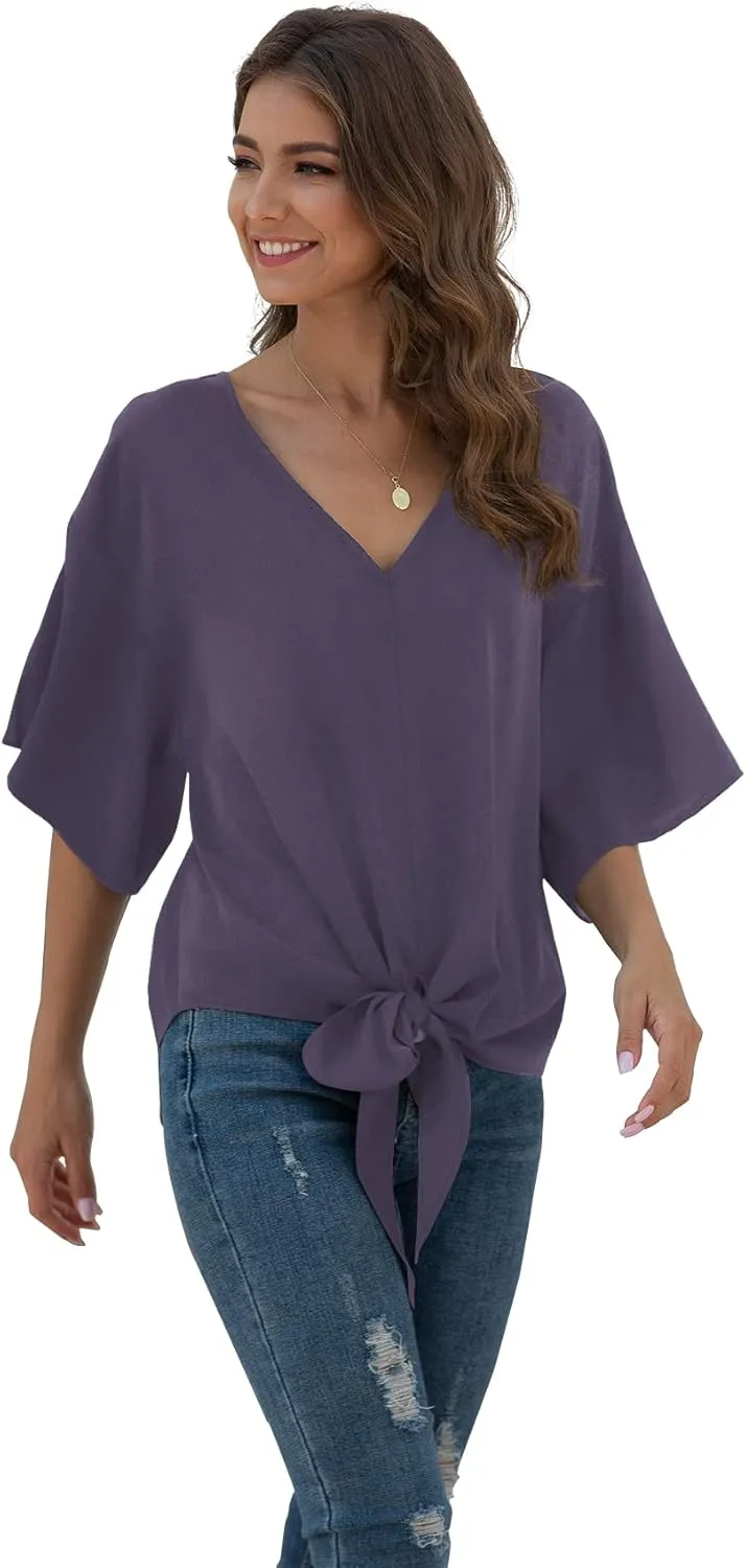 VIISHOW Womens Tie Front Chiffon Blouses V Neck Batwing Short Sleeve Summer Tops Shirts