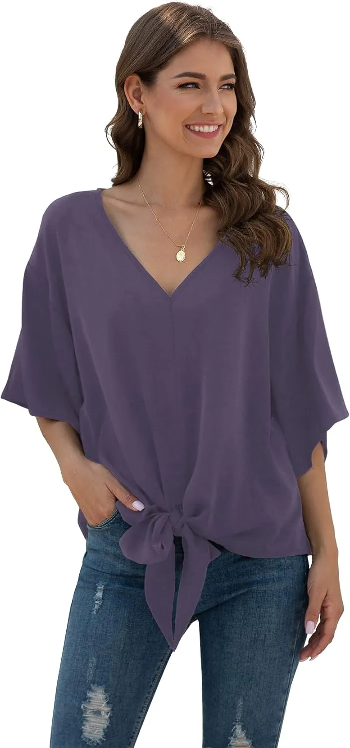 VIISHOW Womens Tie Front Chiffon Blouses V Neck Batwing Short Sleeve Summer Tops Shirts