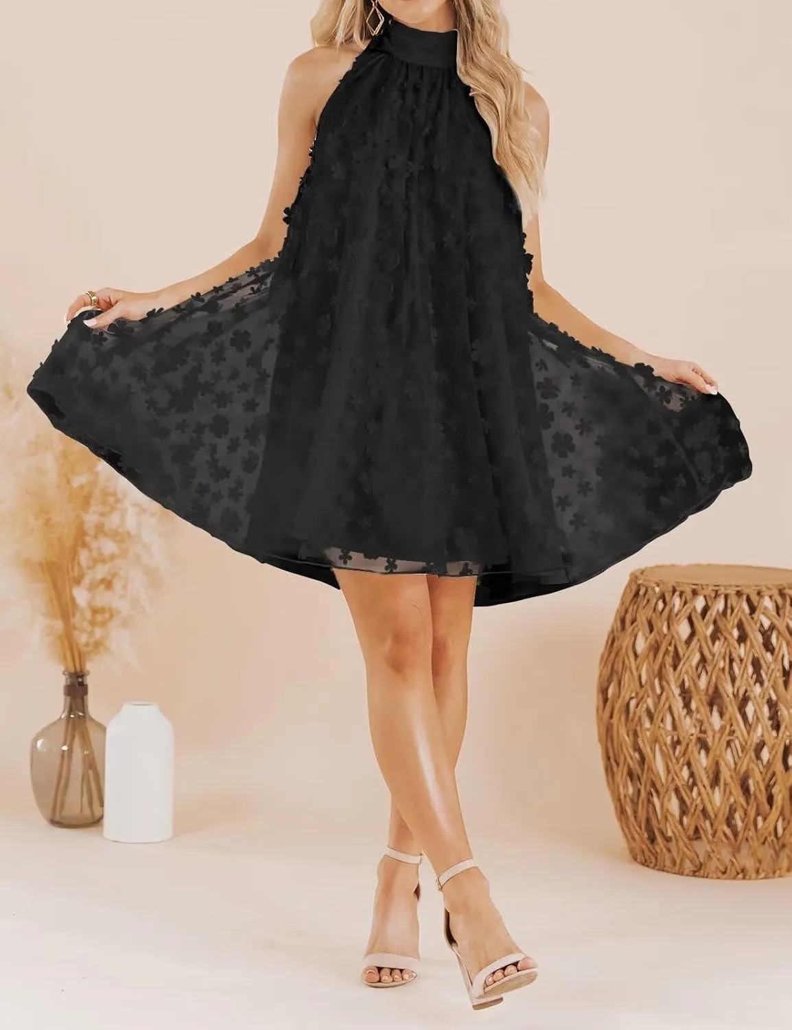 VIMPUNEC 2024 Womens Summer Wedding Guest Formal Dresses Cocktail Halter Swing Dress Cute A Line Mini Homecoming Dress