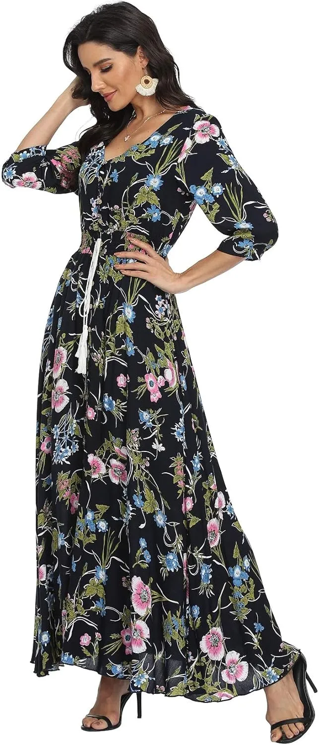 VintageClothing Women's Floral Maxi Dresses with Sleeves Flowy Boho Beach Dress