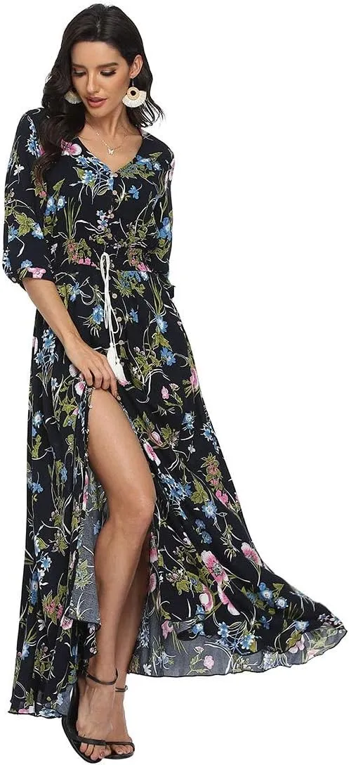 VintageClothing Women's Floral Maxi Dresses with Sleeves Flowy Boho Beach Dress