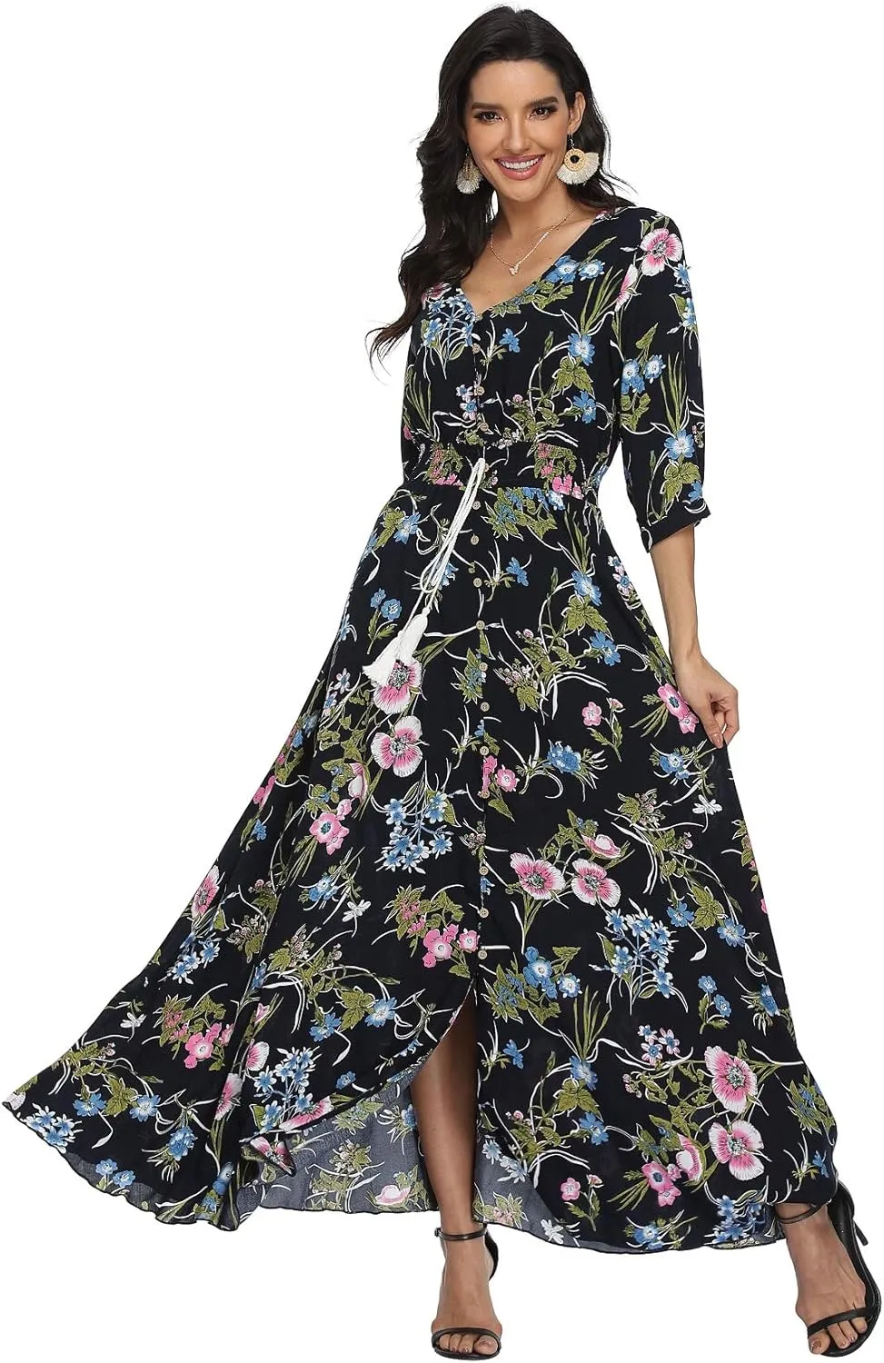 VintageClothing Women's Floral Maxi Dresses with Sleeves Flowy Boho Beach Dress