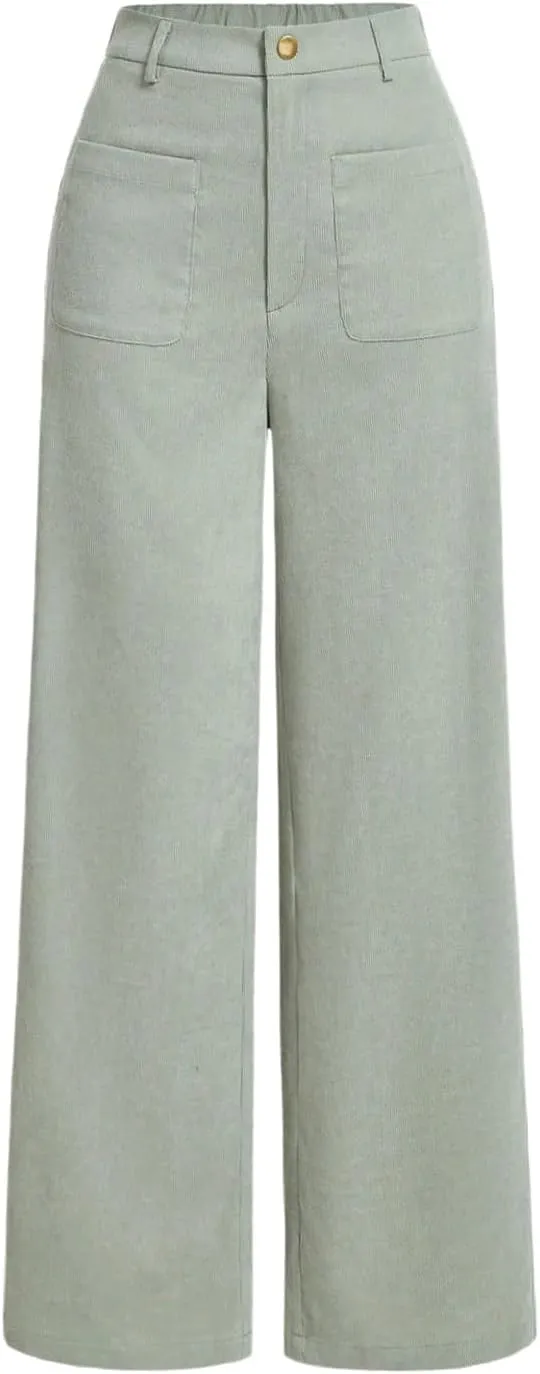 WDIRARA Women's High Waisted Straight Leg Corduroy Long Pants with Pockets