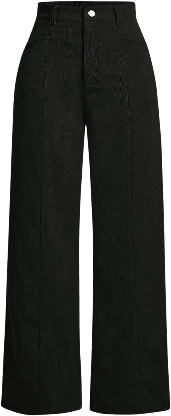 WDIRARA Women's High Waisted Straight Leg Corduroy Long Pants with Pockets