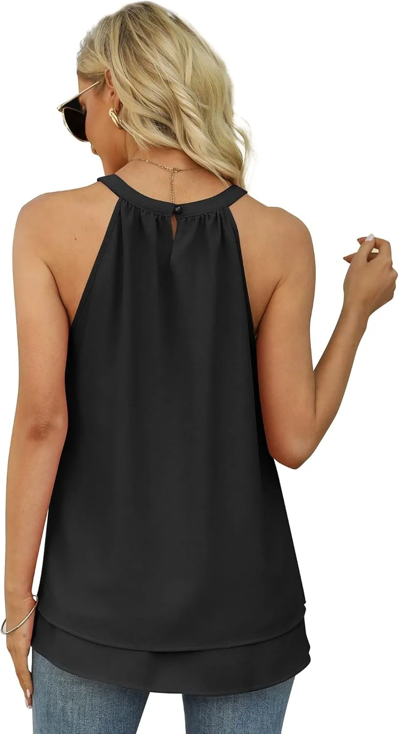 WEESO Womens Halter Tank Tops Summer High Neck Double Layers Sleeveless Tops
