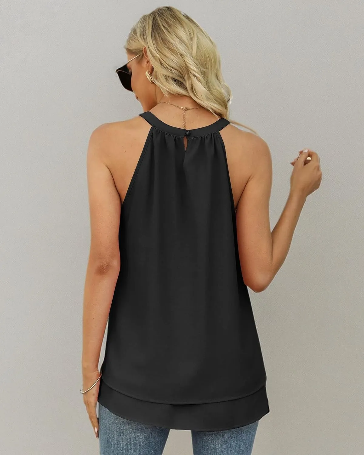 WEESO Womens Halter Tank Tops Summer High Neck Double Layers Sleeveless Tops