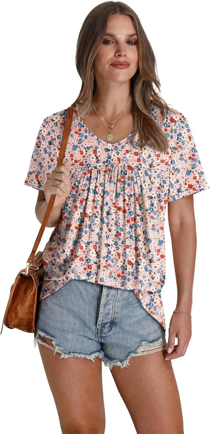 WEESO Womens T Shirts Short Sleeve Pleated Dressy Casual V Neck Summer Tops Blouses