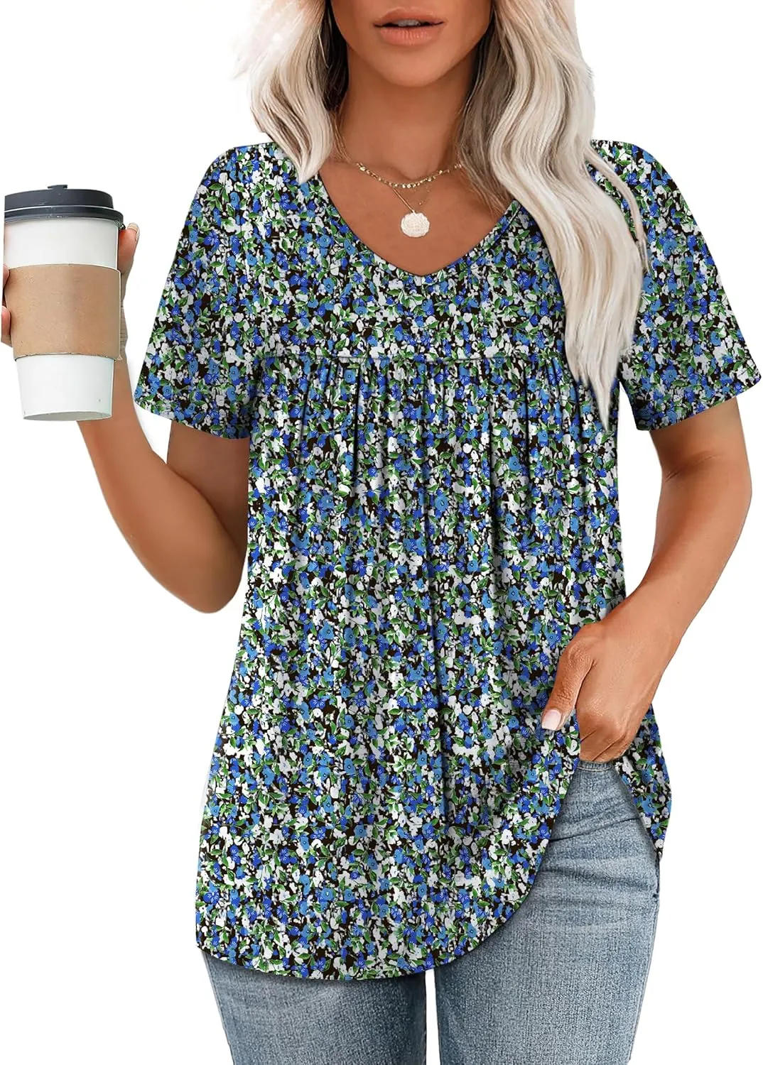 WEESO Womens T Shirts Short Sleeve Pleated Dressy Casual V Neck Summer Tops Blouses