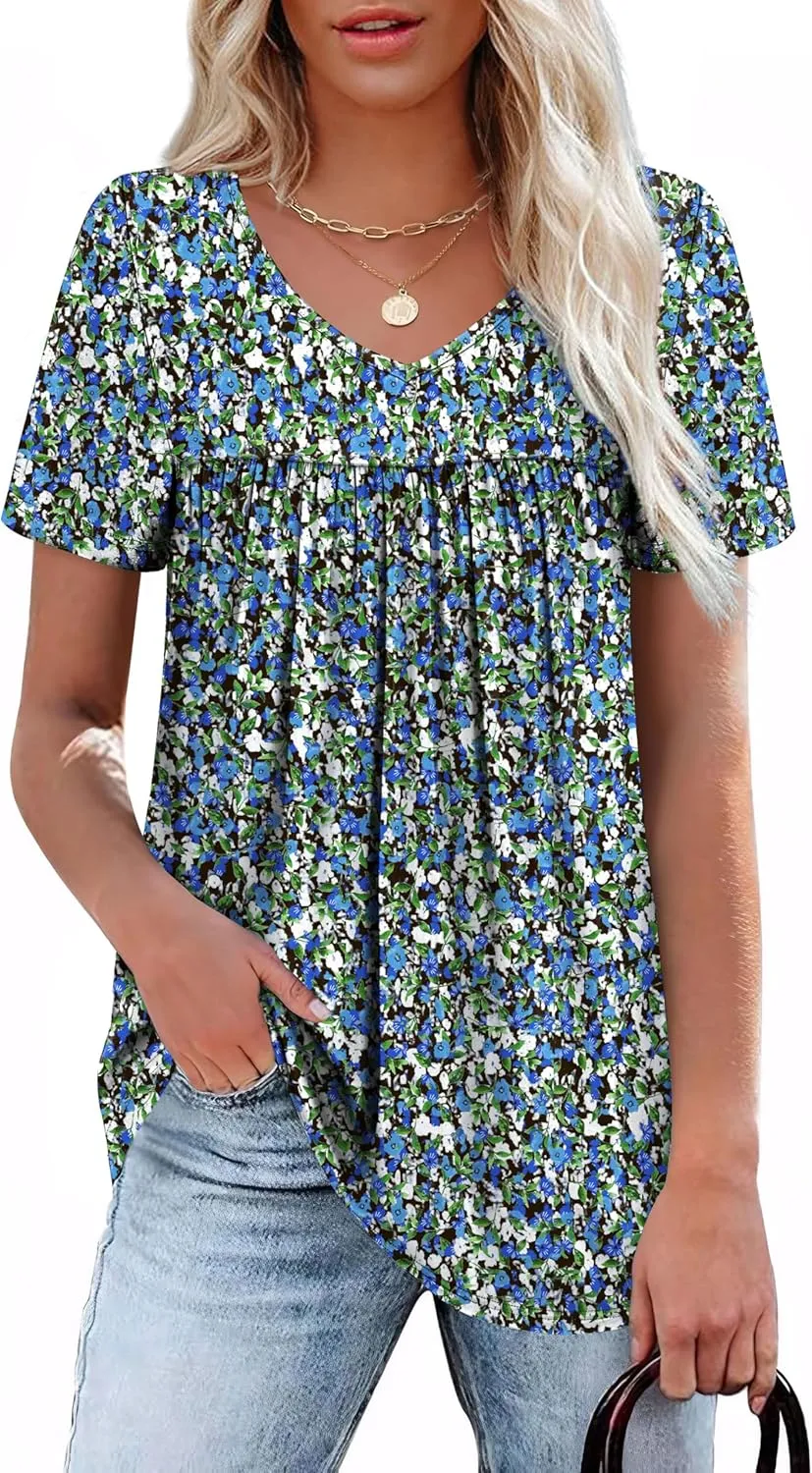 WEESO Womens T Shirts Short Sleeve Pleated Dressy Casual V Neck Summer Tops Blouses