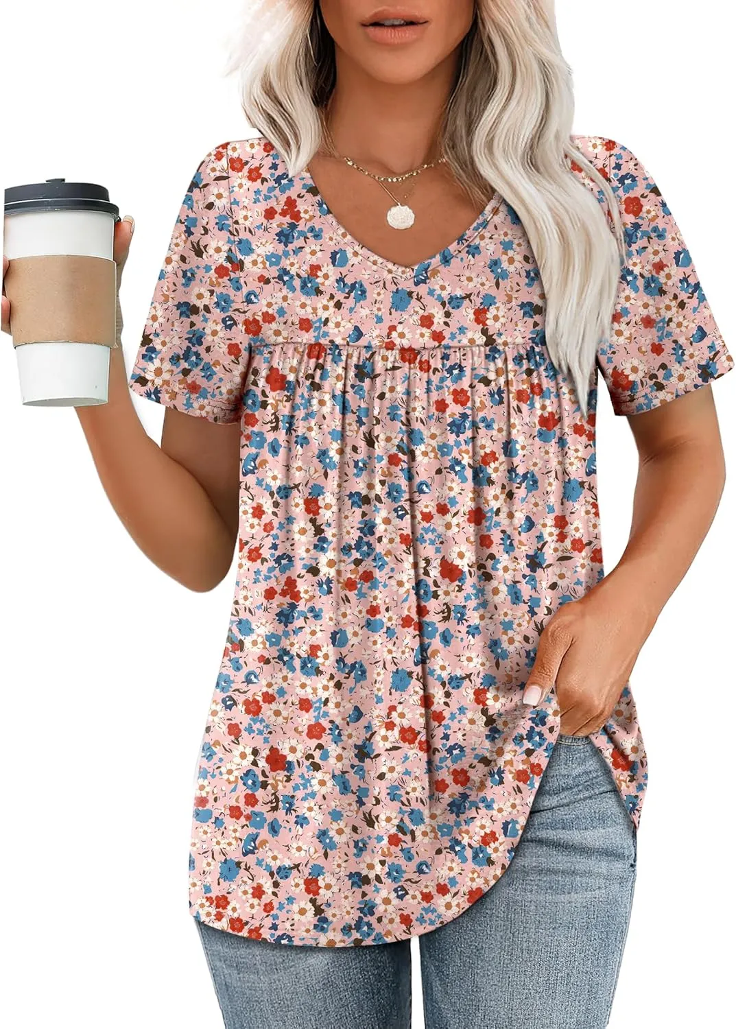 WEESO Womens T Shirts Short Sleeve Pleated Dressy Casual V Neck Summer Tops Blouses