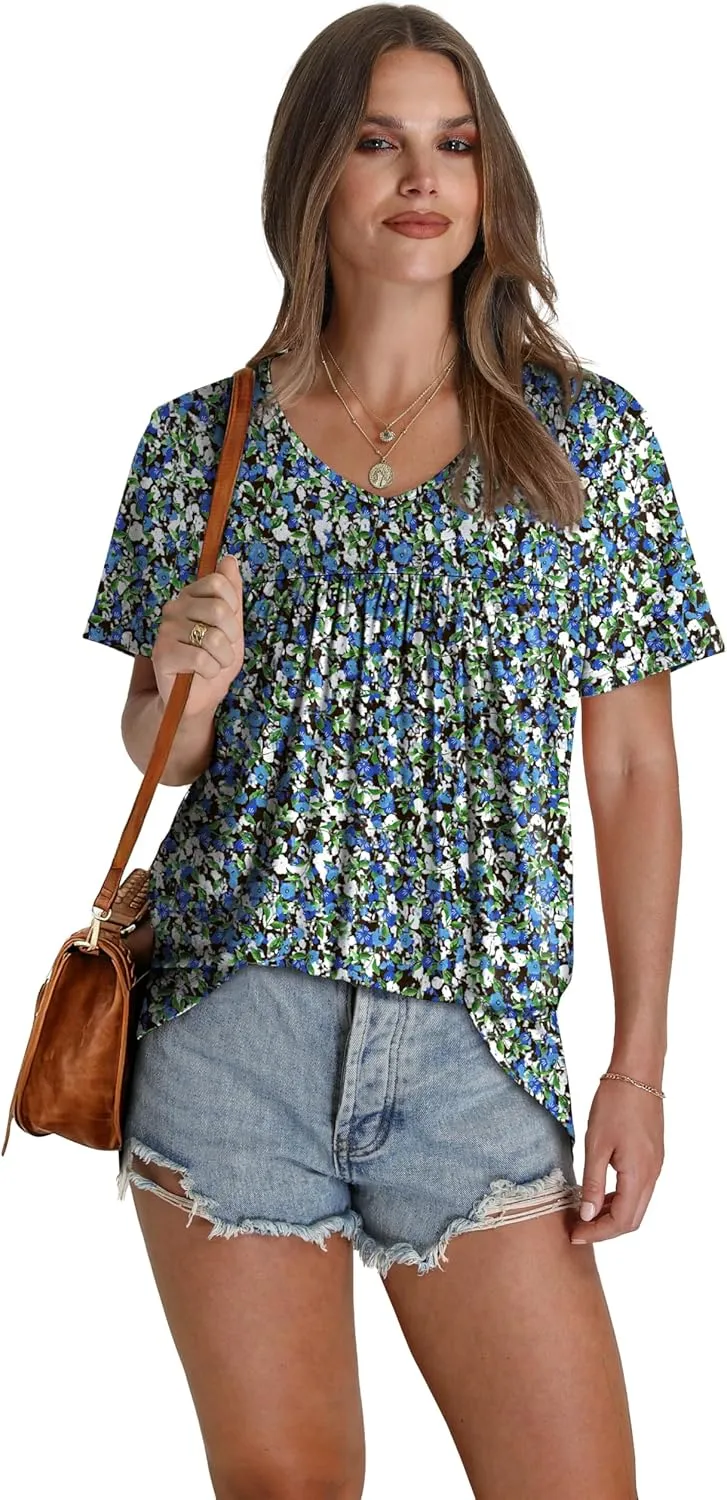 WEESO Womens T Shirts Short Sleeve Pleated Dressy Casual V Neck Summer Tops Blouses
