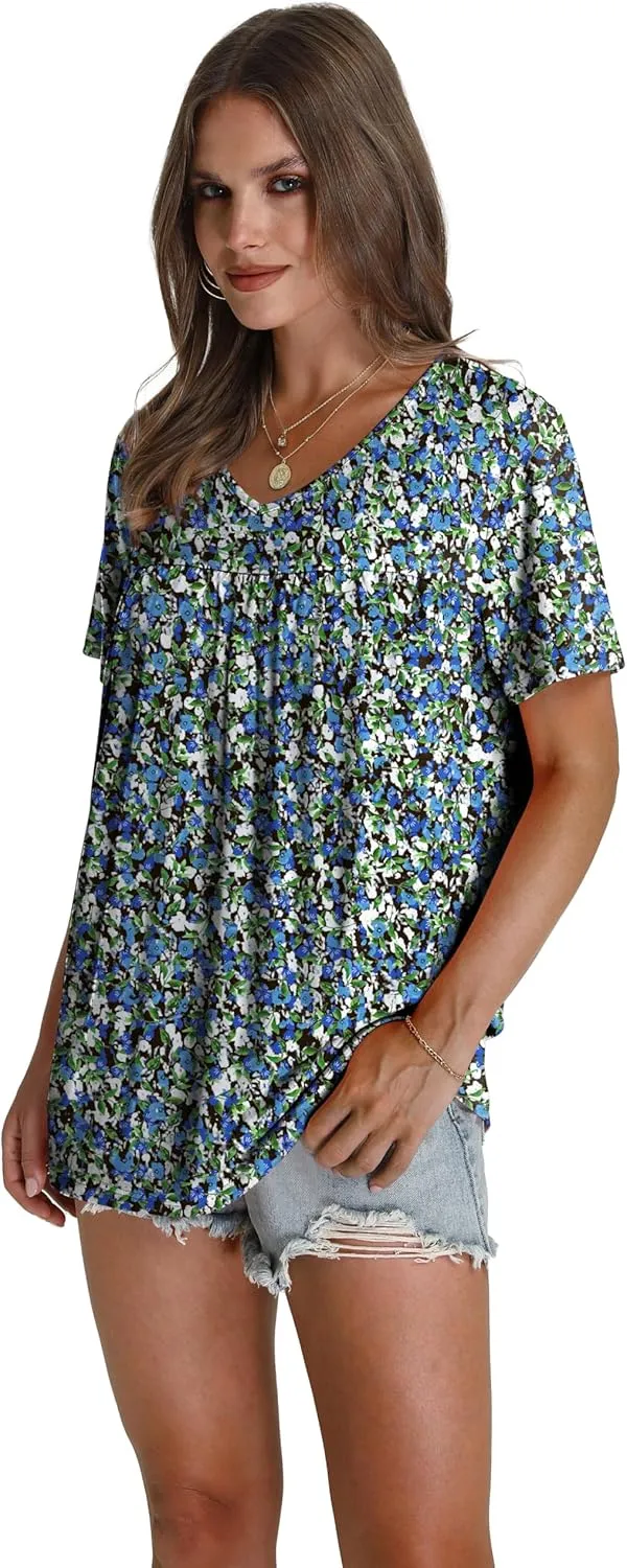 WEESO Womens T Shirts Short Sleeve Pleated Dressy Casual V Neck Summer Tops Blouses