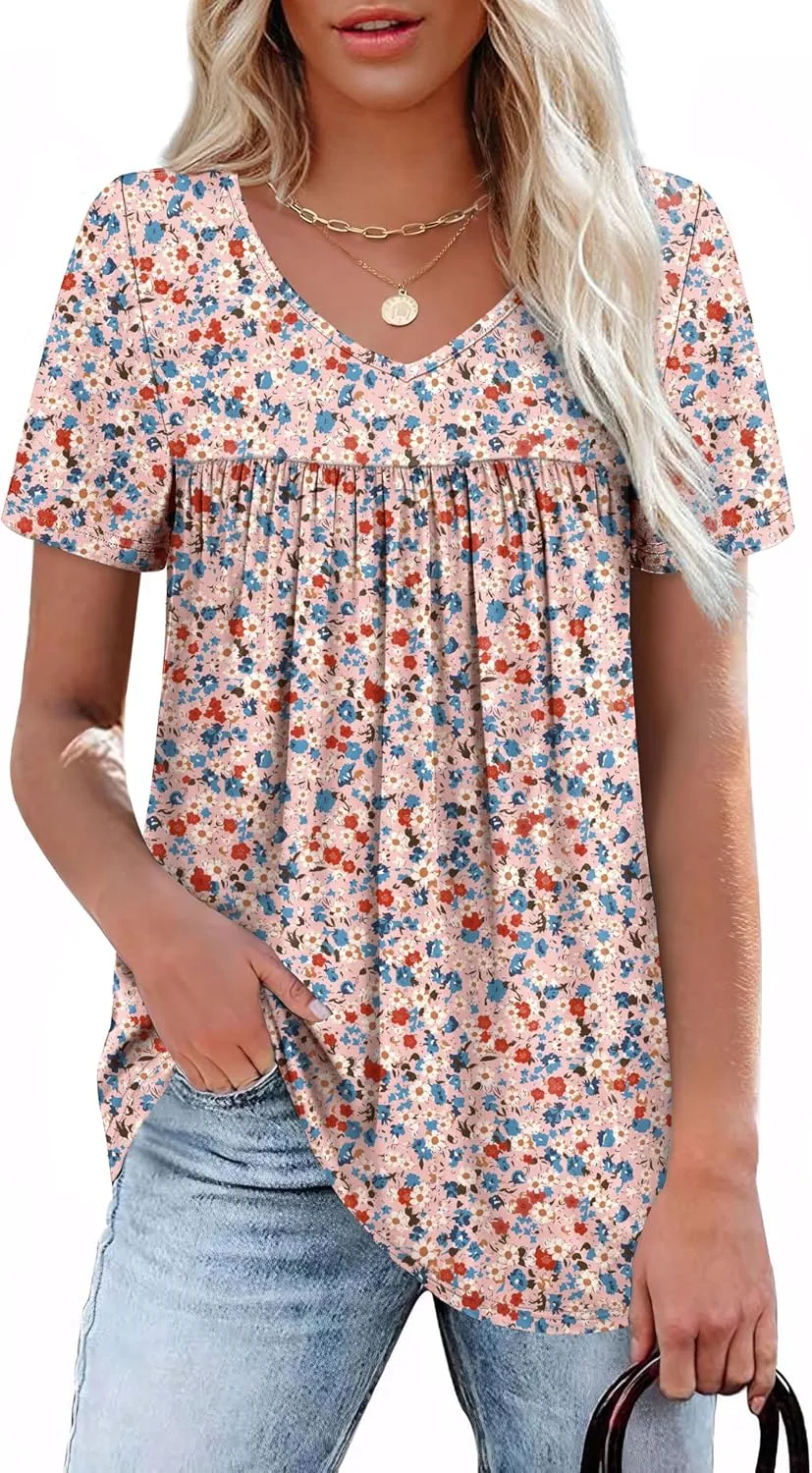 WEESO Womens T Shirts Short Sleeve Pleated Dressy Casual V Neck Summer Tops Blouses