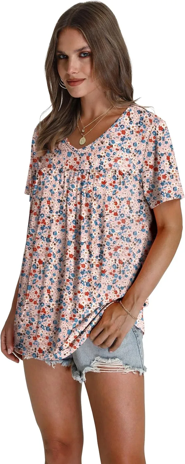 WEESO Womens T Shirts Short Sleeve Pleated Dressy Casual V Neck Summer Tops Blouses