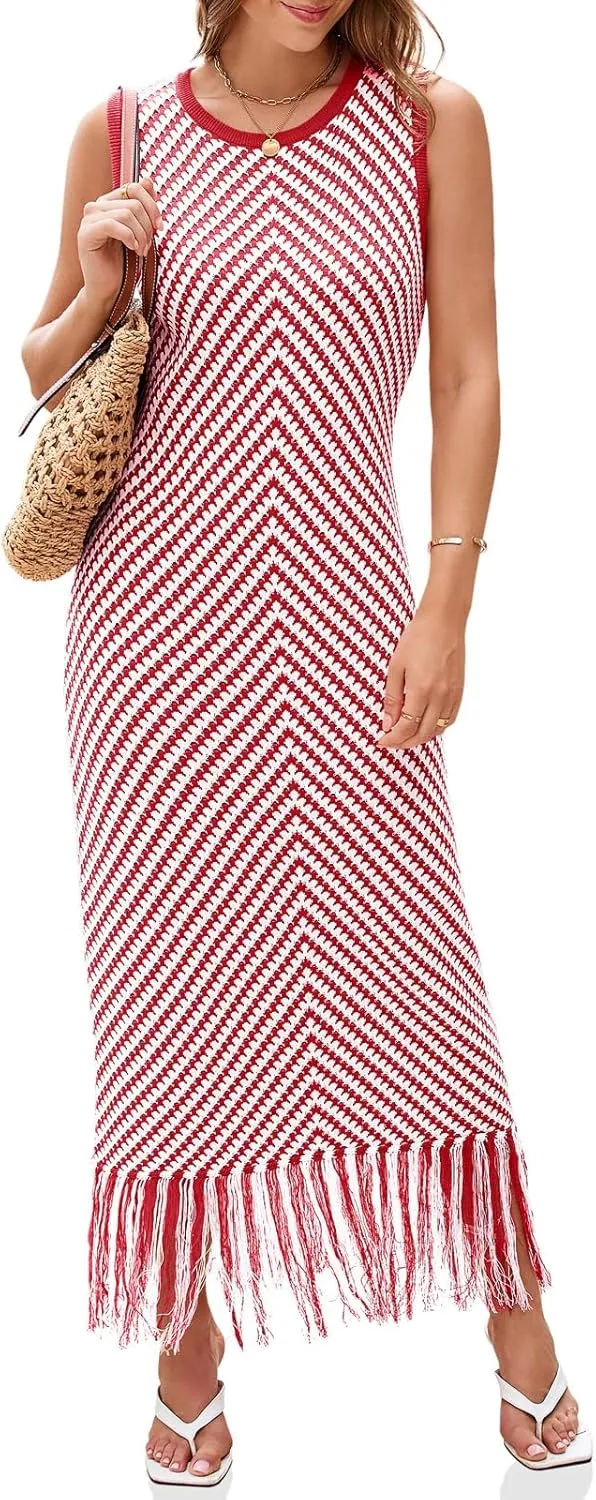 Wenrine Womens Summer Crochet Knit Dress Casual Striped Tassel Sleeveless Boho Maxi Dresses